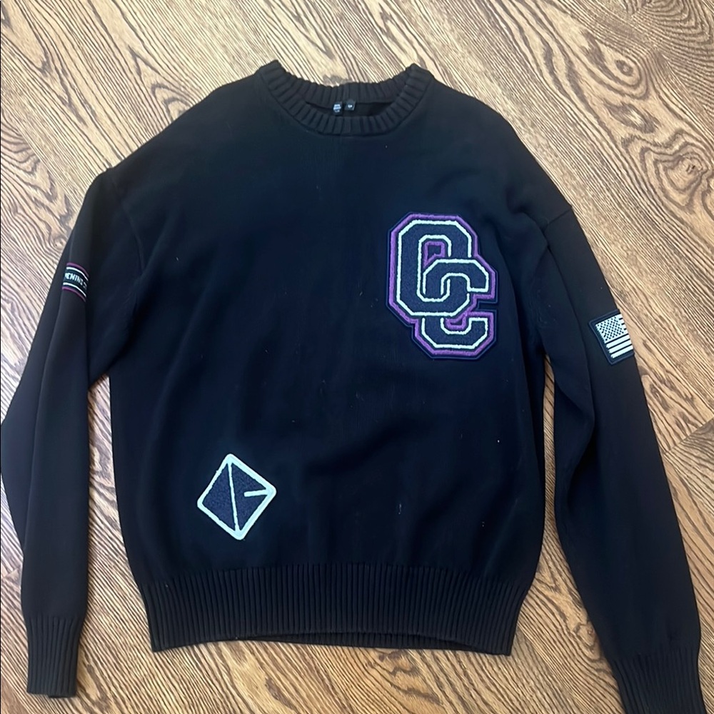 Opening Ceremony Black Crewneck Sweater with Purple Patch Accents